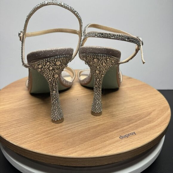 Betsey Johnson Flare Sparkly Rhinestone Square Toe Heels Silver Sandals Size 8.5 - Picture 5 of 8